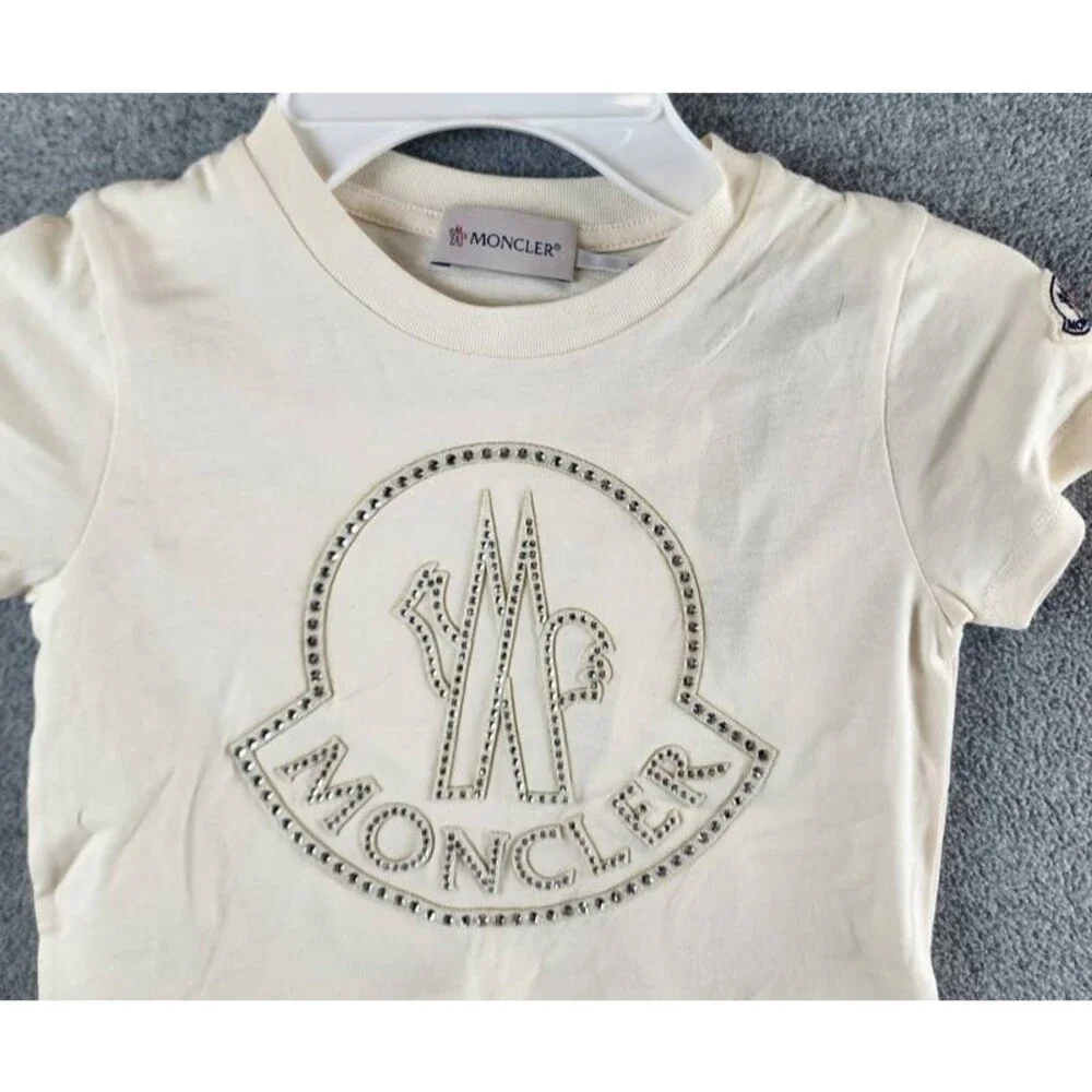 Moncler Logo Studded Graphic T-Shirt Girls 4A Cream Short Sleeve Crew Neck